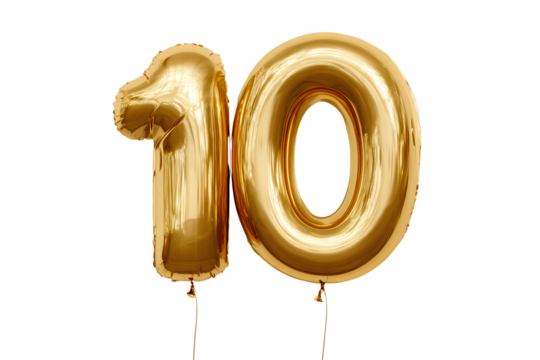 Elegant White Metallic Number 10 Balloon Set with Dual String Ends, Straight View, Isolated - Powered by Adobe