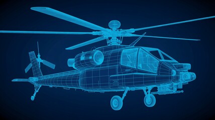 A blue wireframe rendering of a military attack helicopter against a dark blue background showing detail