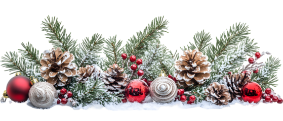 Festive Christmas Decoration Featuring Pine Cones Red Baubles And Snow Covered Fir Branches Against Transparent Background