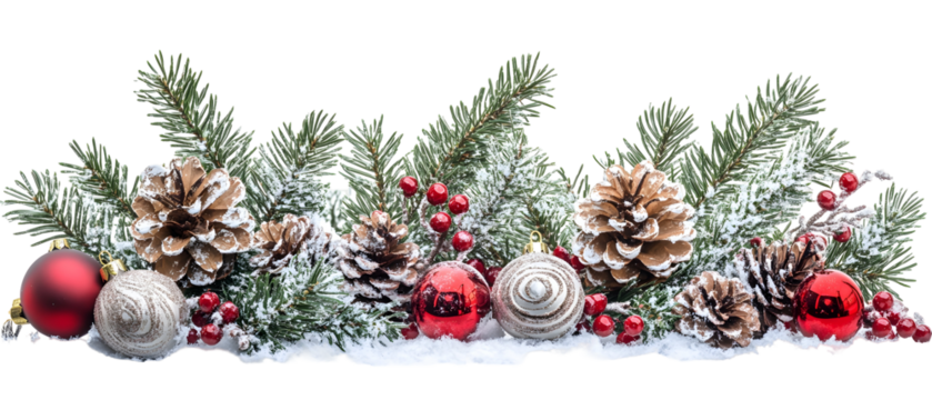 Festive Christmas Decoration Featuring Pine Cones Red Baubles And Snow Covered Fir Branches Against Transparent Background