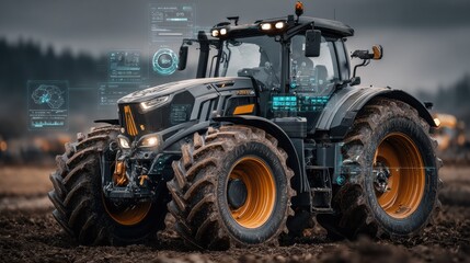 Obraz premium Rugged Tractor with Large Wheel Plowing Fields Under Clear Blue Sky Evoking Rural Farming Lifestyle