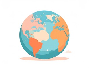 Fototapeta premium Stylized illustration of planet Earth with continents in orange and pink, surrounded by blue oceans, on a white background.