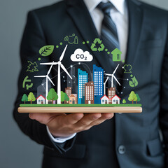Sustainable city concept presented by businessman in modern suit