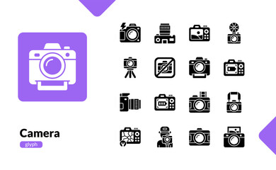 Camera glyph icon set for photography and digital media