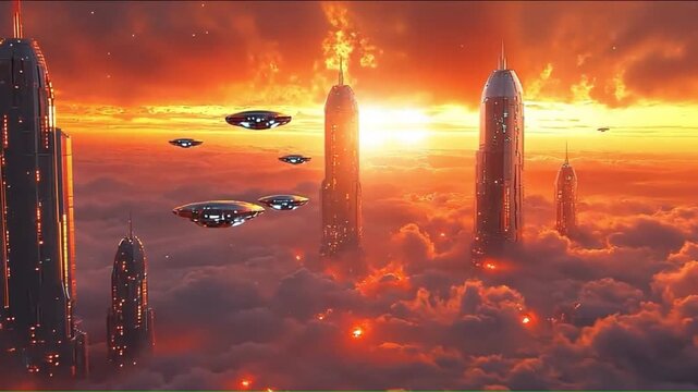 Futuristic city emerging from clouds at sunset with flying vehicles