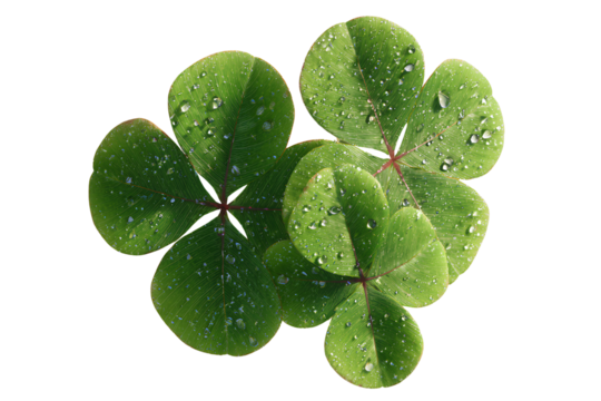 Realistic Fresh Three-Leaf Clover with Dewdrops, Top View, Isolated on Transparent Background - Powered by Adobe