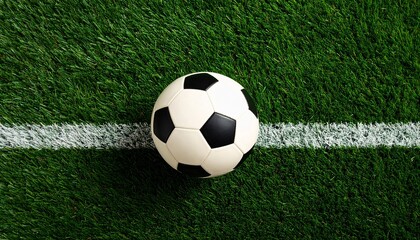 サッカーボール 芝生 フィールド 白線 スポーツ 競技 ボール 緑 黒白 サッカー ピッチ グラウンド 試合 開始 キックオフ 練習 準備 運動会 チーム 勝利 ゲーム