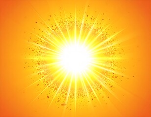 Bright, intense light explosion with radiating beams and particles against a gradient orange background.
