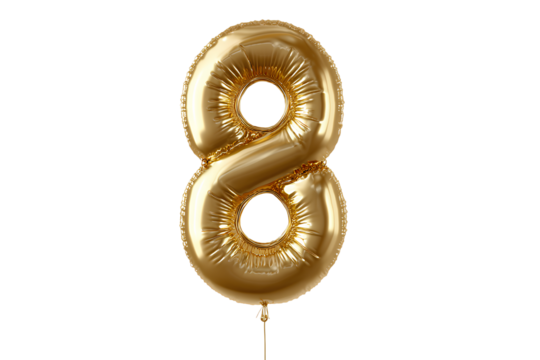 Single Metallic Gold Number Balloon with Reflective Highlights, Floating Front View, Isolated on Transparent Background