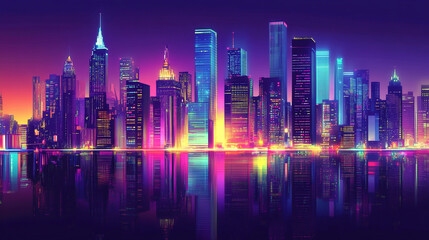 City Skyline at Night Reflection on Water with Neon Lights. Vivid cityscape showcasing illuminated skyscrapers reflecting on water, ideal for urban, technology, and nightlife content.