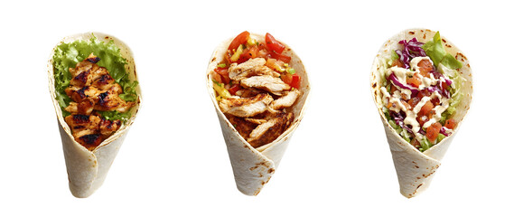 Close Up Of Three Grilled Chicken Tacos With Various Ingredients Against A Transparent Background