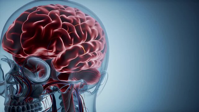 Detailed 3D Render of Human Brain and Skull Anatomy on Light Blue Backdrop
