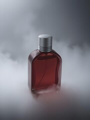 Elegant red perfume bottle in captivating misty atmosphere for luxurious brand campaign aesthetics