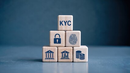 KYC wooden blocks featuring fingerprint and bank icons showcasing security for financial services