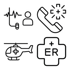 Modern Medical Line Icons &ndash; Blood Pressure Monitor, Medical Drone Delivery, Remote Health Monitoring, and Emergency Medical Call Symbols for Digital Healthcare Design