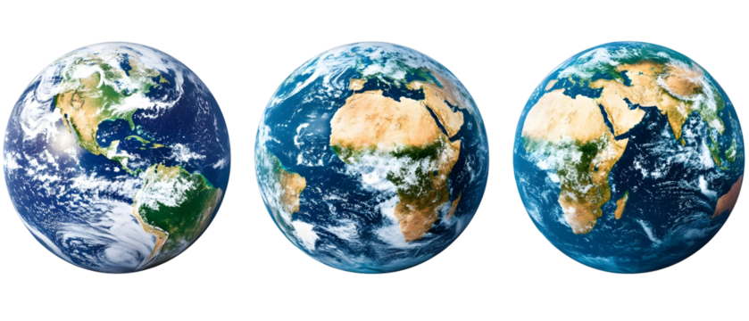 Three Earth Globes Displayed Against Transparent Backdrop Illustrating Global Perspective and Geographical Details