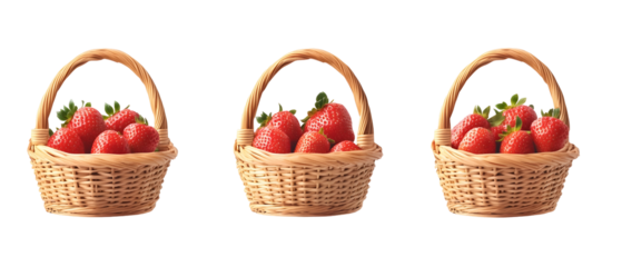 Three Baskets Full Of Ripe Red Strawberries Against Transparent Background