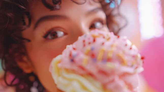 A young woman enjoys a colorful ice cream cone on a sunny day. She smiles brightly as she takes a slow bite. Colorful background.