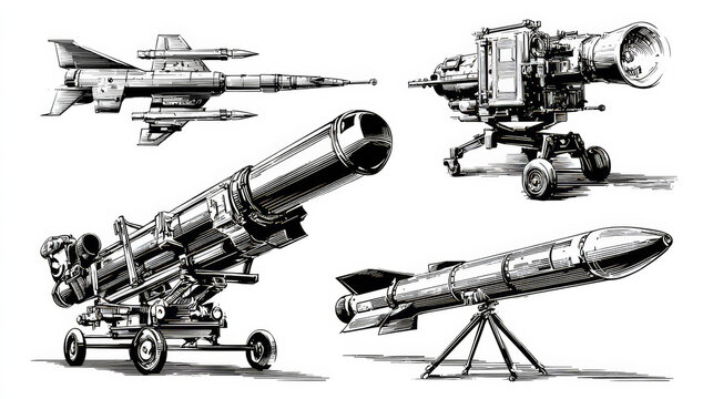 Set of anti-aircraft and anti-tank missile black and white vector icon
