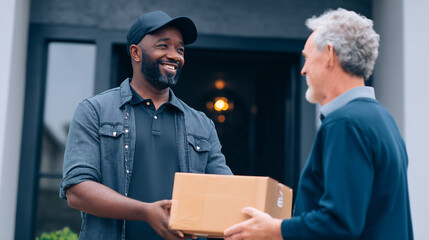 Delivery man handing package to senior at doorstep, positive customer service