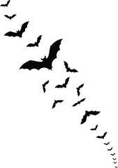 Fototapeta premium A flock of silhouetted bats flying in a diagonal formation against a stark white background