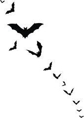 A flock of black silhouette bats flying in formation across a stark white background creating a spooky halloween atmosphere