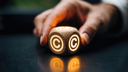 Hand holds copyright dice, protecting intellectual property with legal rights and ownership now