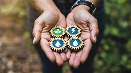 Supporting renewable energy sources, hands holding gears symbolizing earth's resources and sustainability