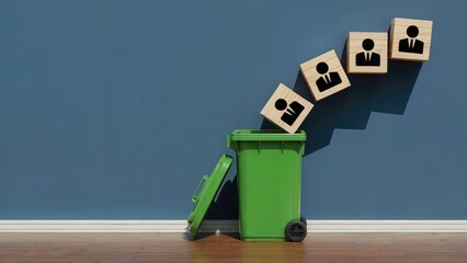 Downsizing concept showing discarded staff talent blocks falling into a green trash bin symbolizing job cuts