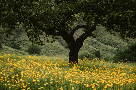 a lone tree in a field of yellow flowers - Powered by Adobe