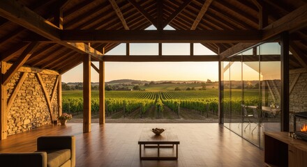 Fototapeta premium A sun-drenched interior space with expansive vineyard views