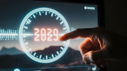 Hand touching a digital screen with a glowing 2020 year and clock interface displayed - Powered by Adobe