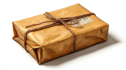 Small, brown package tied with string, sitting on white surface with soft shadow