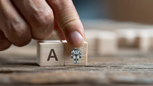 Hand Placing Wooden Block with Letter Next to Robot Figure on Table with ai generated