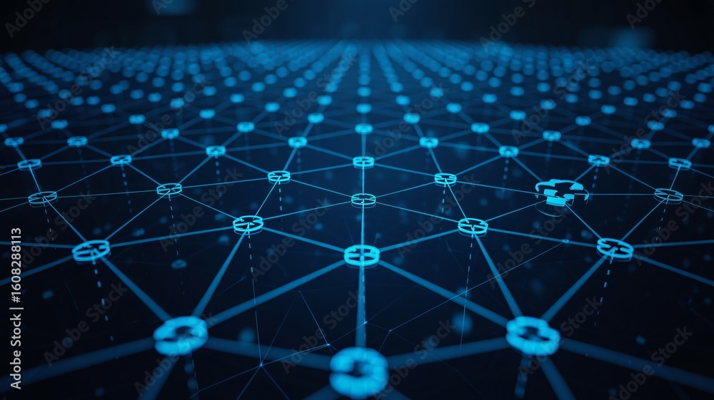 Poster A blue network grid pattern with interconnected nodes and lines creating a futuristic technology feel