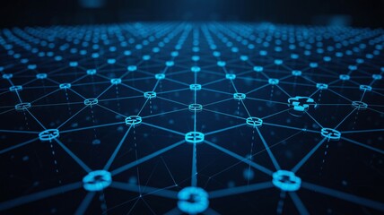 A blue network grid pattern with interconnected nodes and lines creating a futuristic technology feel