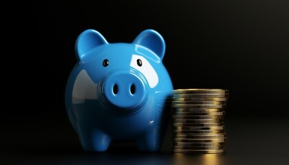 Gold coin money stack with blue piggy bank on dark background