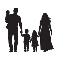 Vector silhouette of a loving family walking together, featuring parents and children