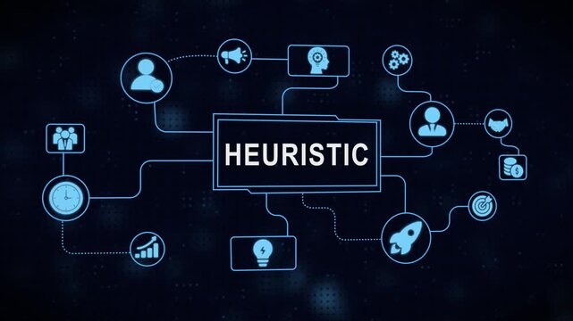 Animated infographic illustrating the concept of heuristics and its related business components.