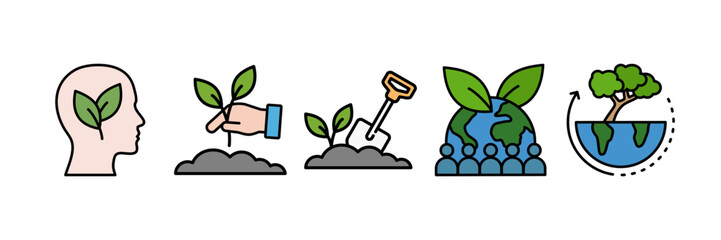 Environmental Management Icon Set, Containing design Think Green, Rewilding, Soil Conditions, Green Community, Sustainable Development