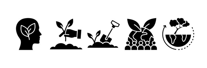Environmental Management Icon Set, Containing design Think Green, Rewilding, Soil Conditions, Green Community, Sustainable Development