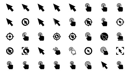 A collection of various black and white cursor and pointer icons for user interface design.