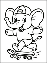 A cute elephant skating coloring page for kids.  Black and white printable worksheet for preschoolers. fun and educational material for children.