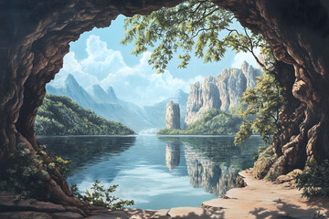a painting of a mountain lake with a cave