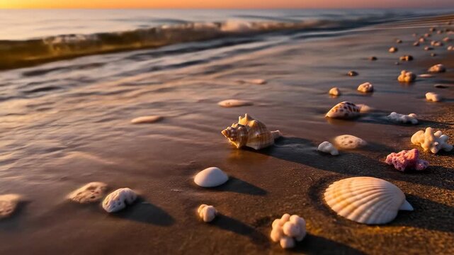 Beautiful seashells and corals scattered on a sandy beach at sunset with soft waves washing ashore