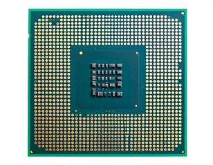 Square computer processor chip, top-down view.  Emerald green circuit board,  gold-colored contacts, and small dark components