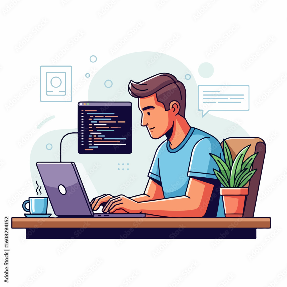 Wall mural flat vector of a male programmer coding on a laptop at desk