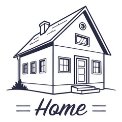Simple Line Art House Icon with 'Home' Text. Minimalist Vector Illustration of a Residential Building for Real Estate, Housing, or Property Concepts