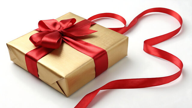 A wrapped gift box.A beautifully wrapped gold gift box adorned with a vibrant red satin ribbon and bow, on a clean white background. - Powered by Adobe