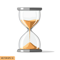 An hourglass with golden sand flowing from the top chamber to the bottom, set against a white background.